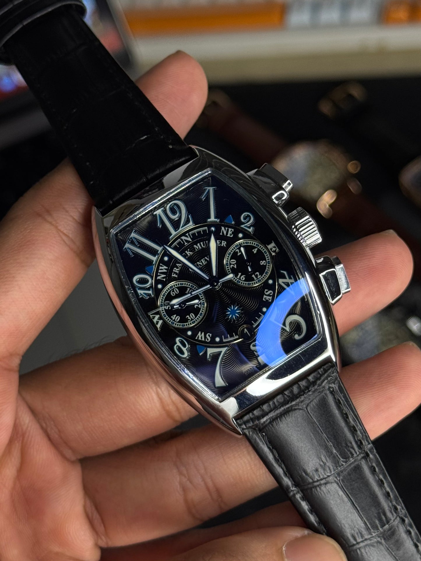 FRANCK MULLER Quartz Watch | FRM Watch 44 A - Black Leather Belt Blue Dial