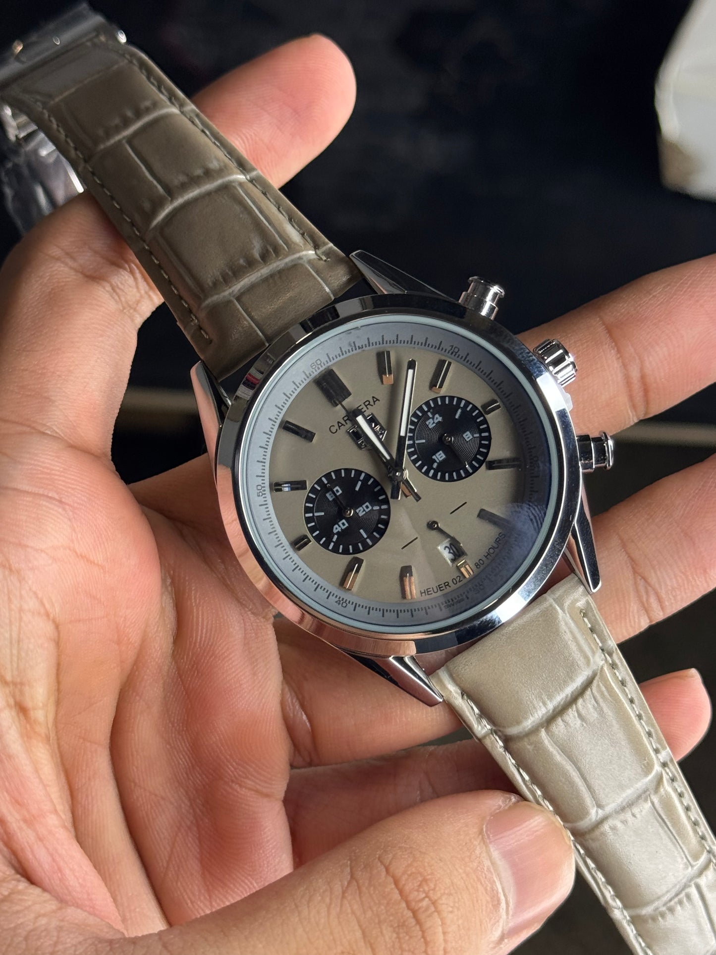 Carrera Heuer Chrono - Black Sub Dial with Sand Leather Strap