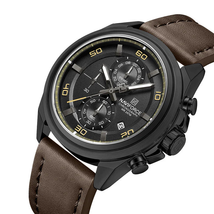 Naviforce 8075 - Black Dial Brown Leather Strap Chronograph