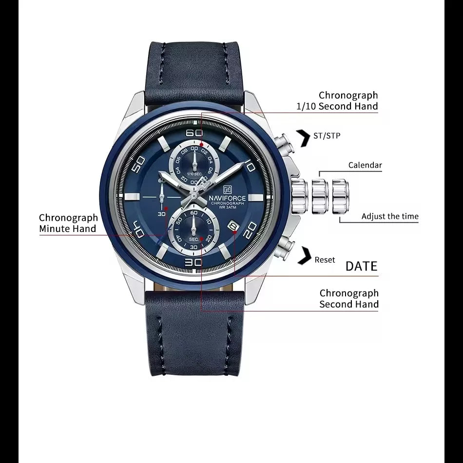 Naviforce 8075 - Blue Dial Blue Leather Strap Chronograph