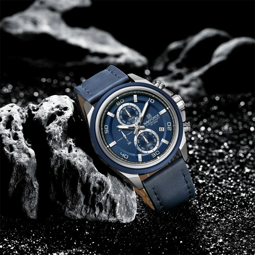 Naviforce 8075 - Blue Dial Blue Leather Strap Chronograph