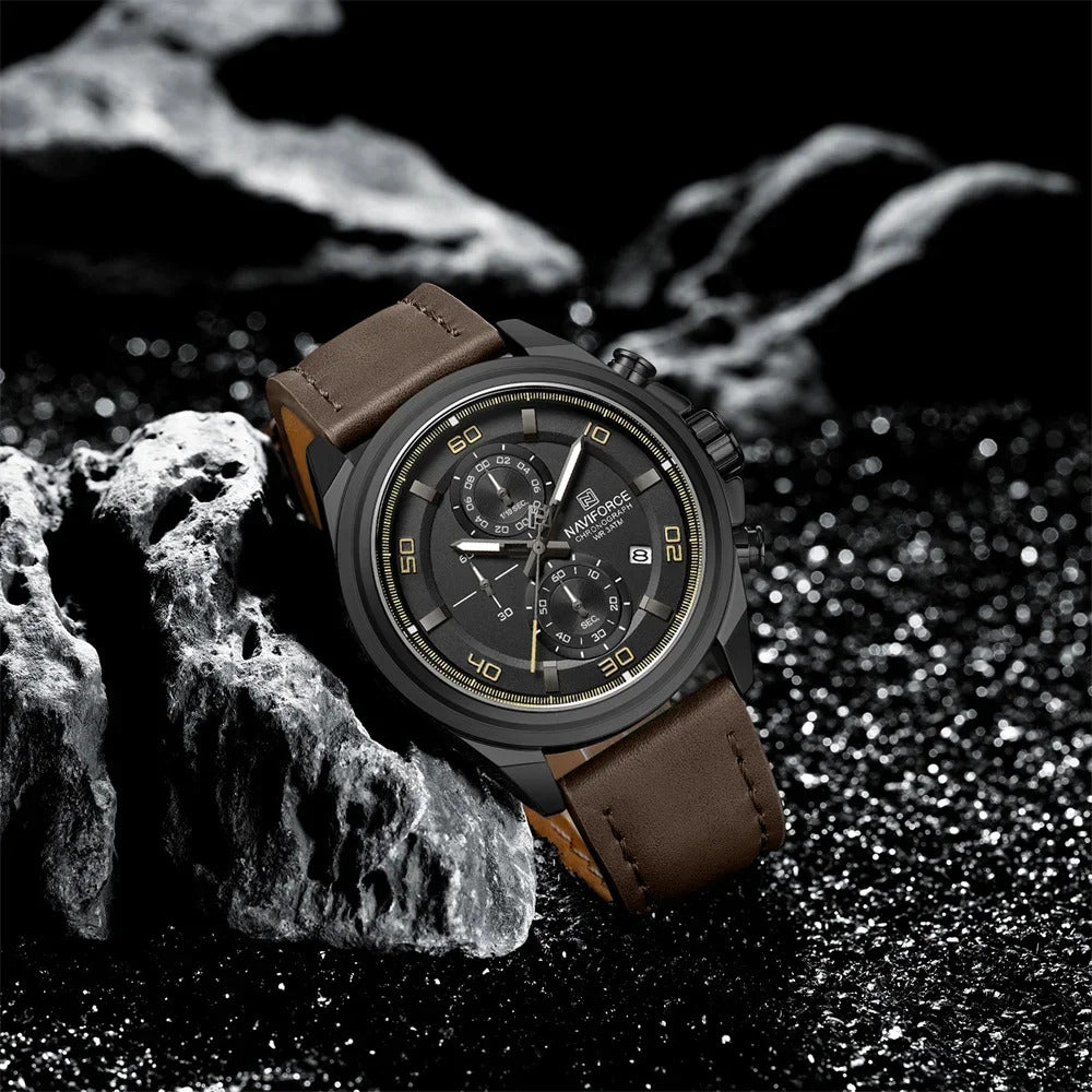 Naviforce 8075 - Black Dial Brown Leather Strap Chronograph