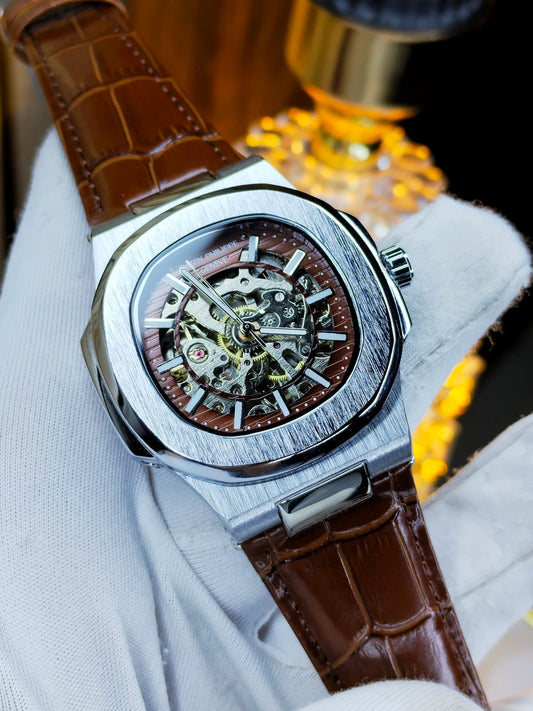 Patek Automatic Movement Maroon Dial Brown Belt - AA Grade