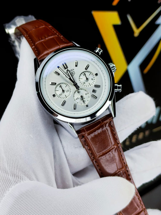 Carrera Heuer Chrono - White Dial with Brown Leather Strap