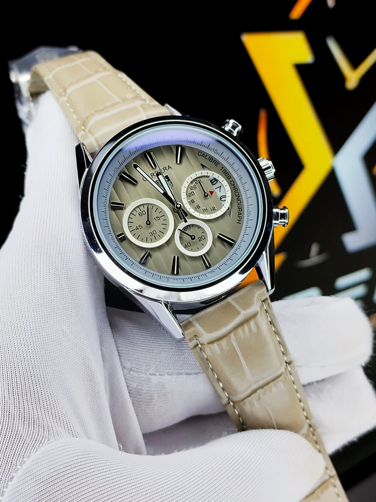Carrera Heuer Chrono - White Sub Dial with Sand Leather Strap