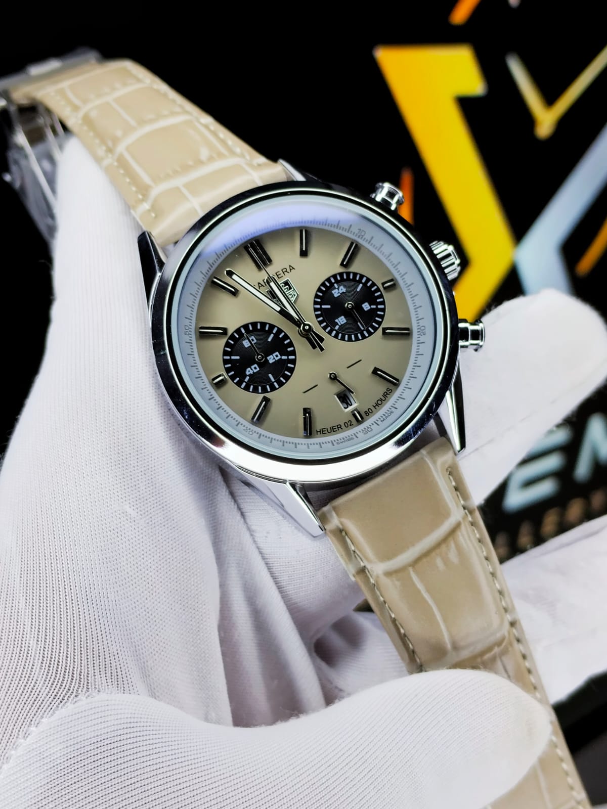 Carrera Heuer Chrono - Black Sub Dial with Sand Leather Strap