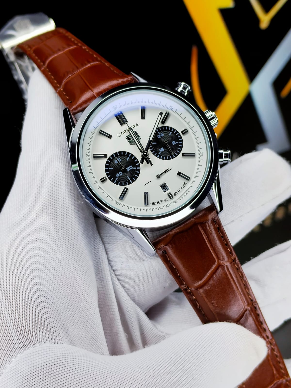 Carrera Heuer Chrono - Black Sub Dial with Brown Leather Strap