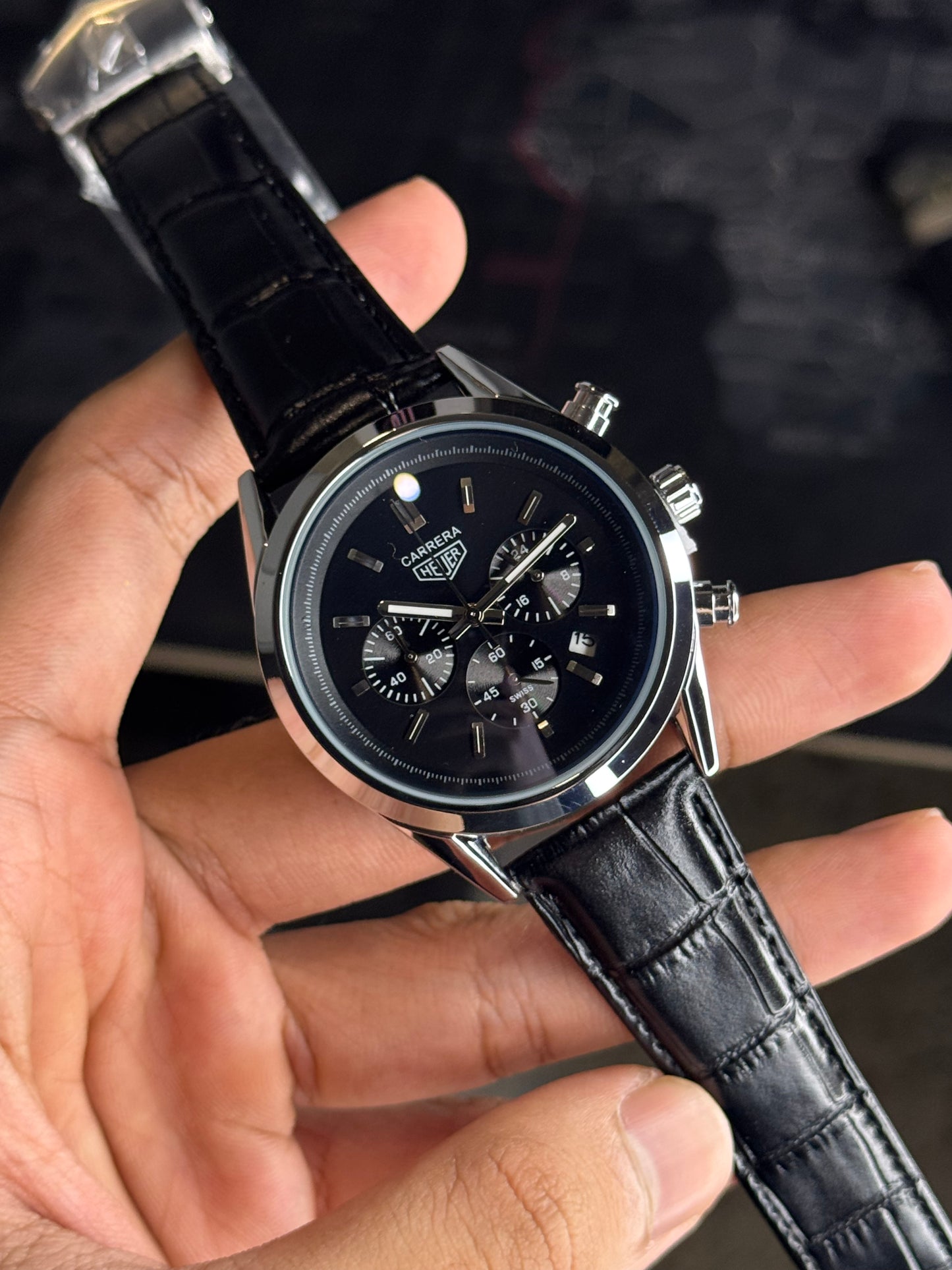 Carrera Heuer Chrono - Black Dial with Black Leather Strap