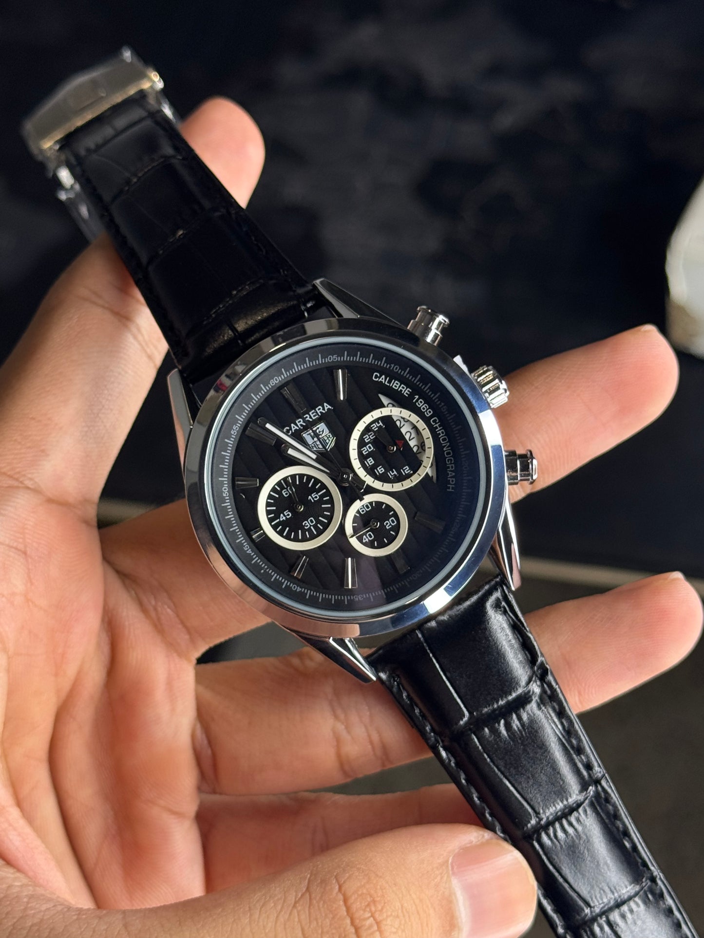 Carrera Heuer Chrono - White Sub dial with Black Leather Strap
