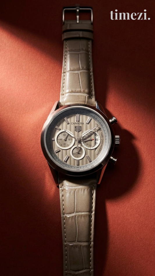 Carrera Heuer Chrono - White Sub Dial with Sand Leather Strap