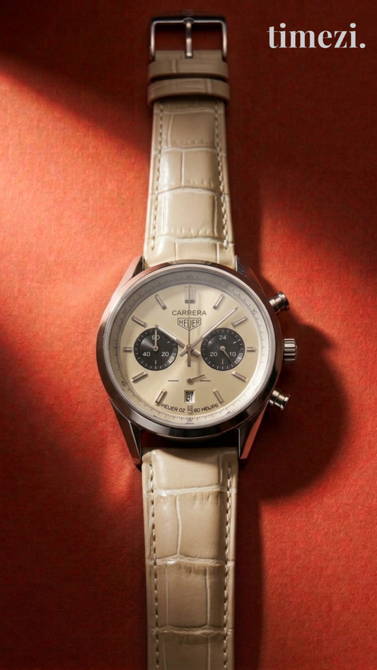 Carrera Heuer Chrono - Black Sub Dial with Sand Leather Strap