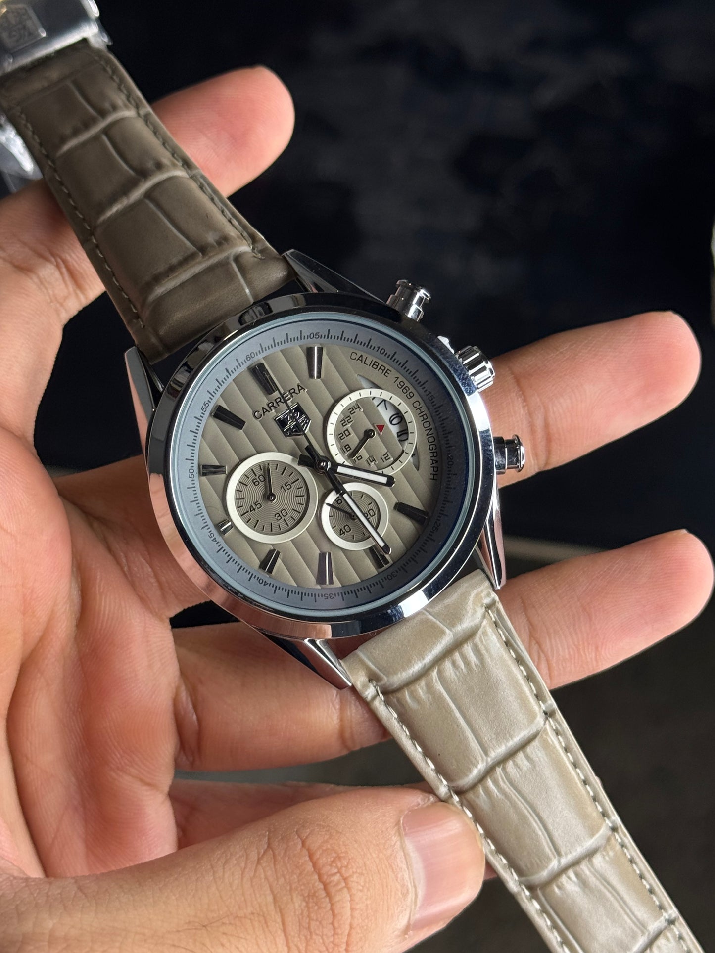 Carrera Heuer Chrono - White Sub Dial with Sand Leather Strap